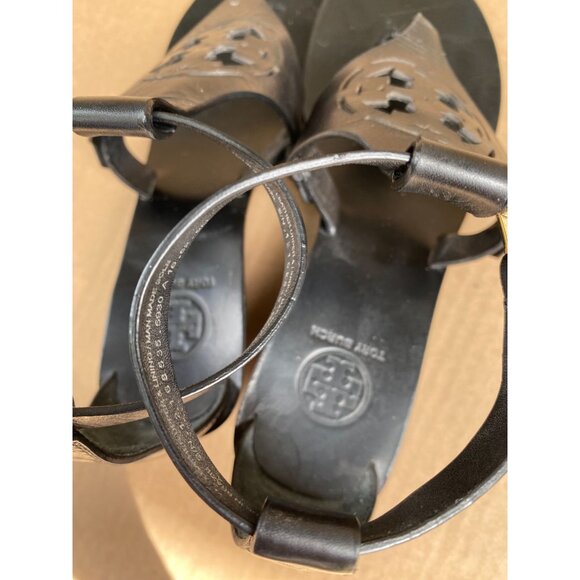 Tory Burch Black Zoey Wedge Sandals Size 6 Leather Ankle Strap Quiet Luxury - Picture 6 of 16